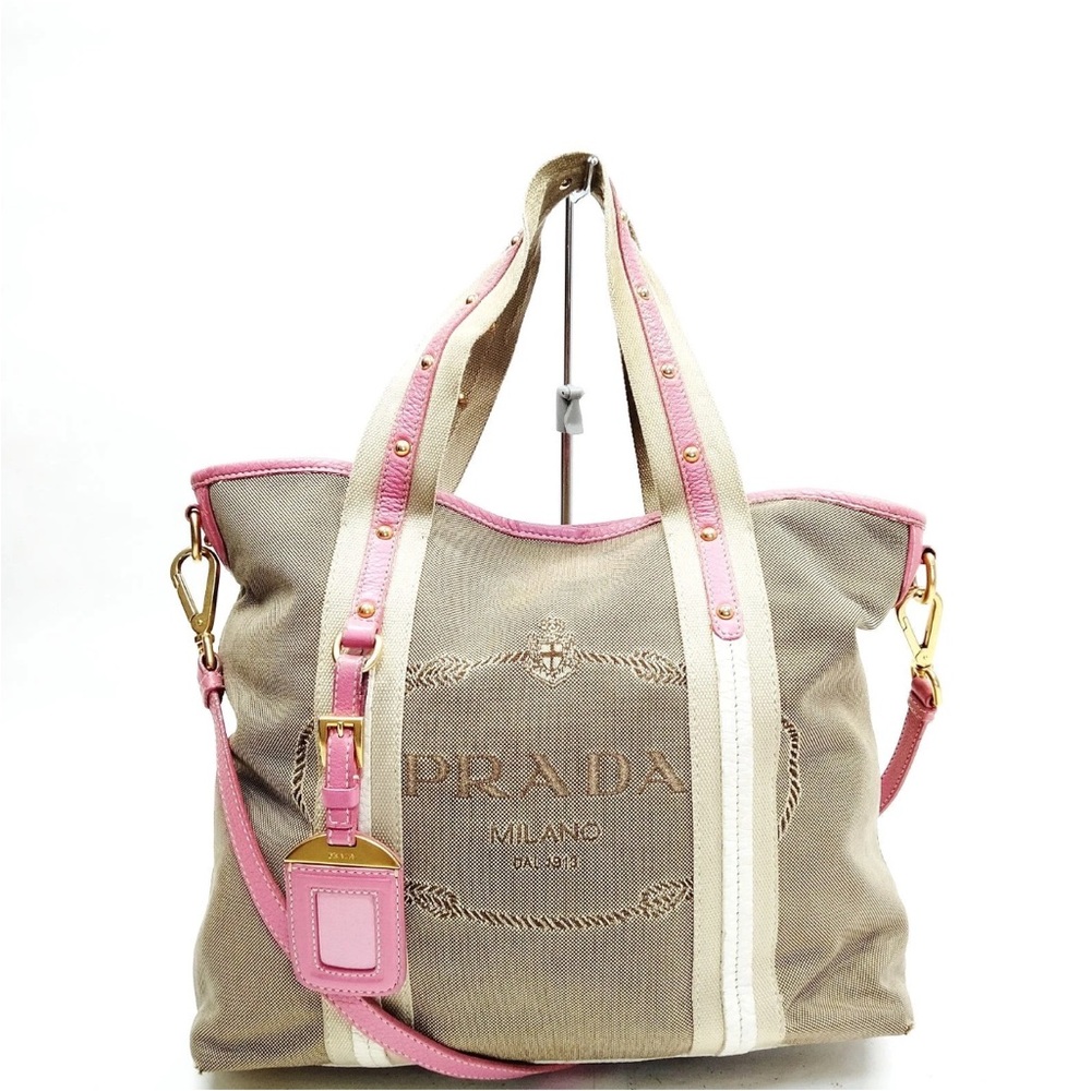 Prada Tan and Pink Tote Bag with Gold-Tone Hardware